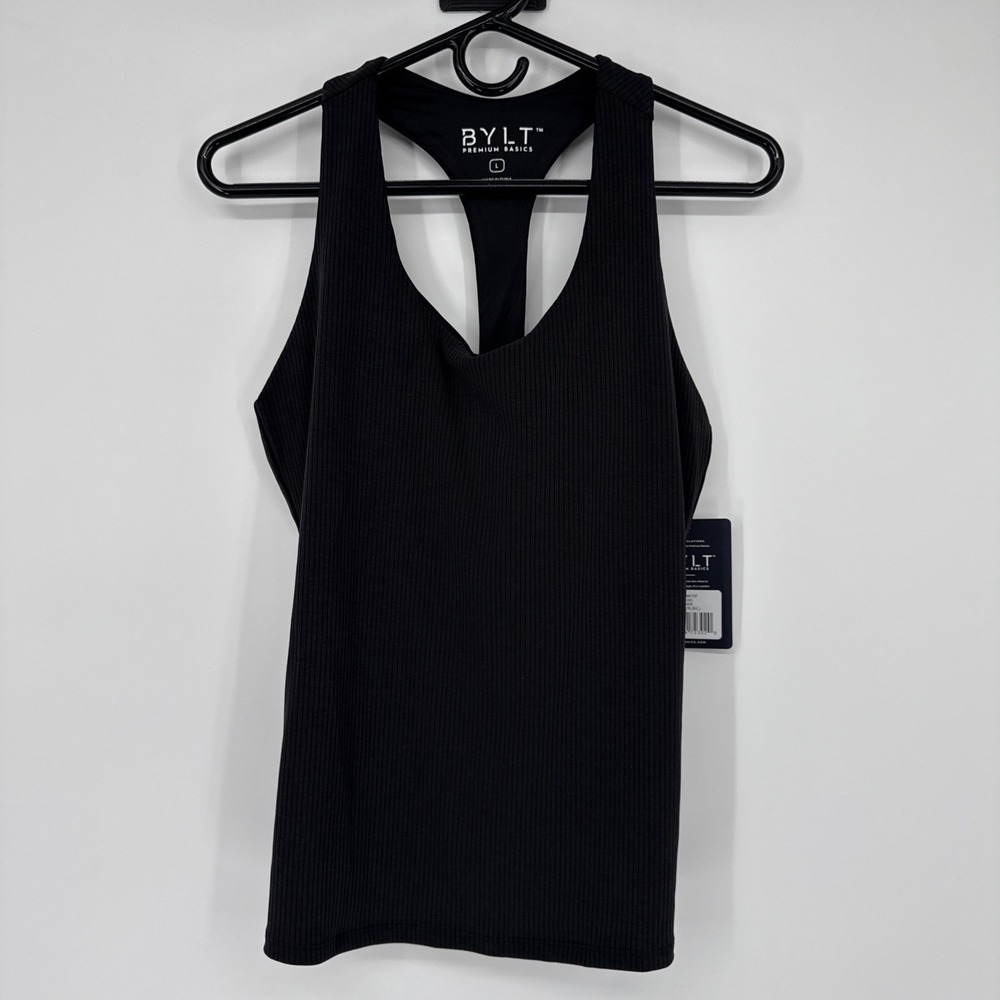 NWT BYLT Premium Ribbed Racerback Tank Padded Built In Bra Women's Large Black